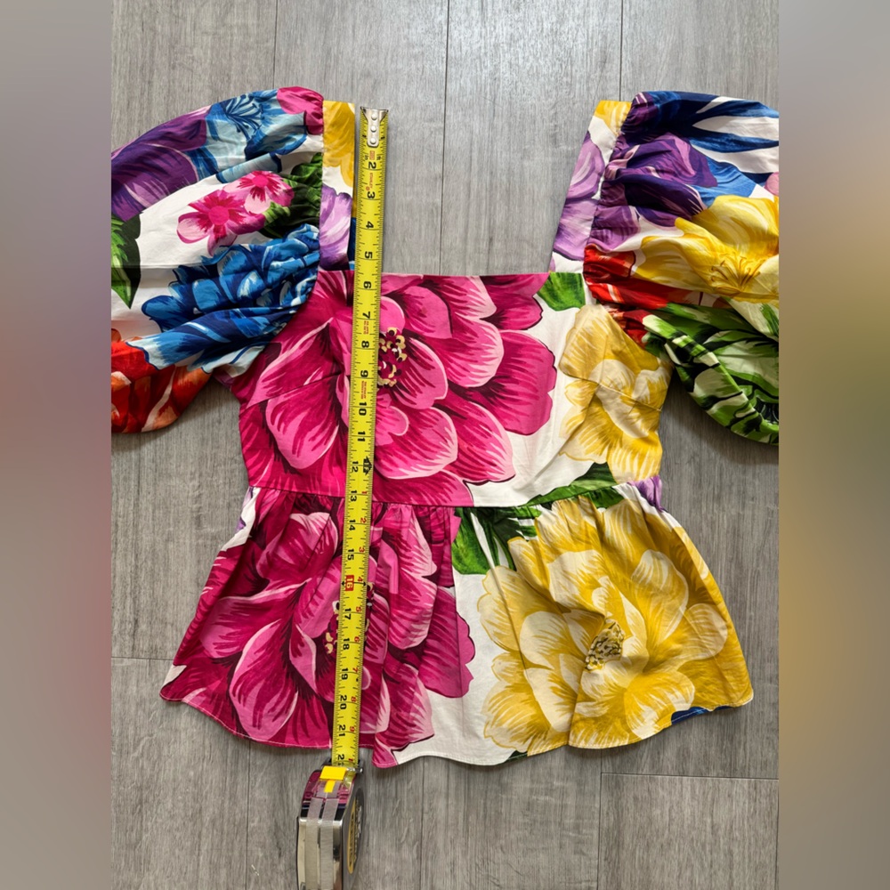 FARM Rio Rainbow Chita Floral Blouse Square Neck Puff Sleeve Boho Top | Size XS - Picture 5 of 12